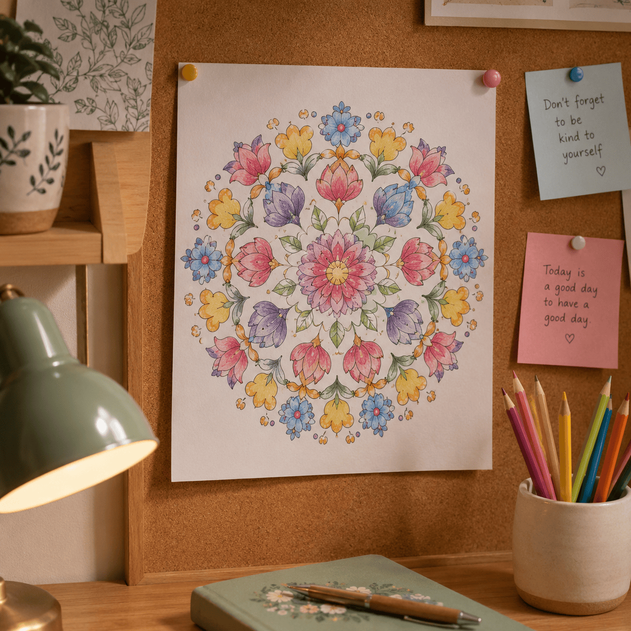 A finished coloring page displayed at home