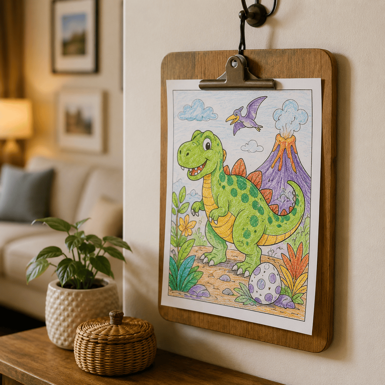 A finished coloring page displayed at home