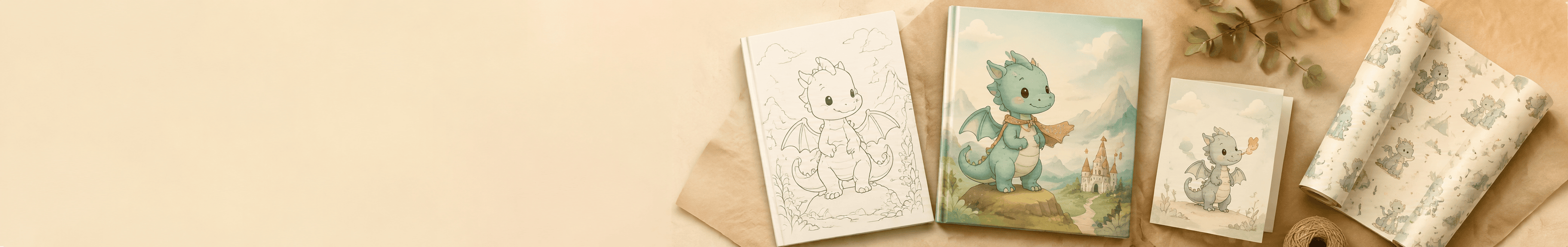 A dragon storybook, coloring book, greeting card and matching gift wrap