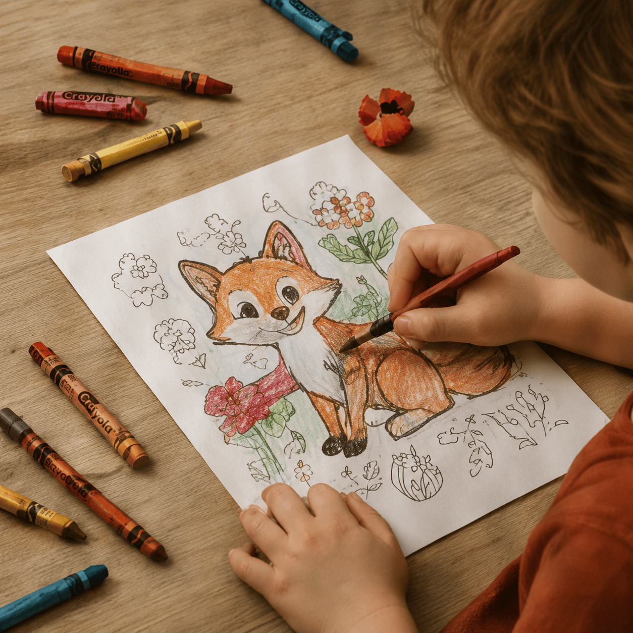 A child coloring a fox at the kitchen table