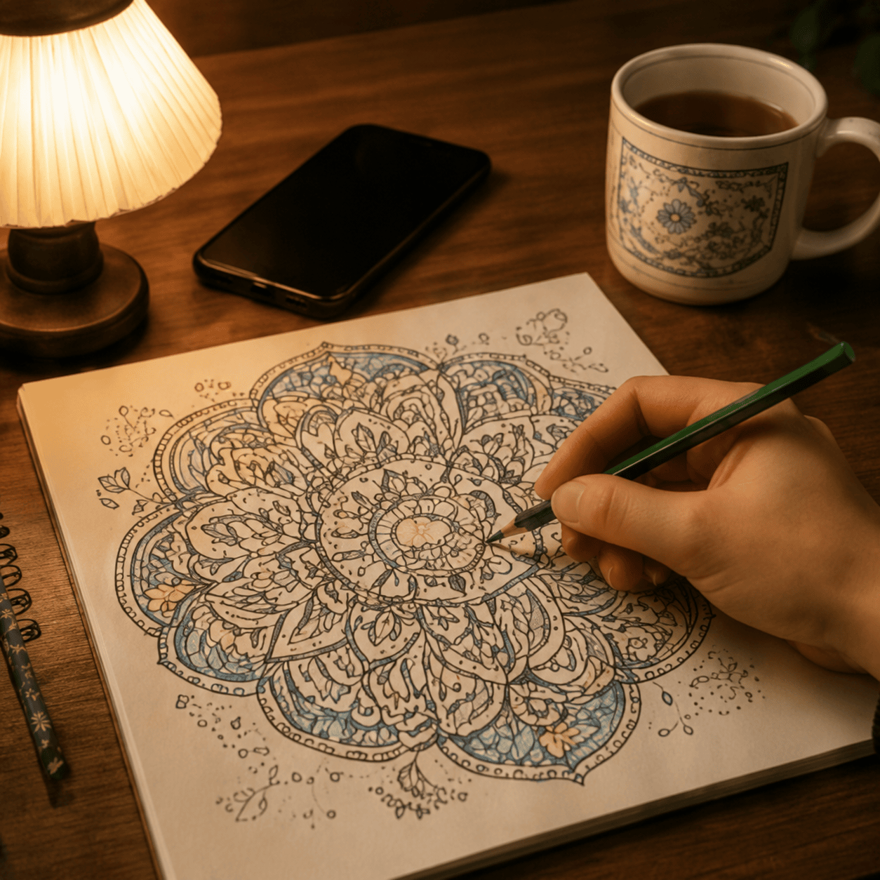 An adult shading a mandala late at night